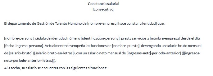 Plantilla de constancia salarial con los comodines ingresos-neto-periodo-anterior e ingresos-neto-periodo-anterior-letras