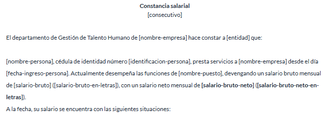 Plantilla de constancia salarial con los comodines salario-bruto-neto y salario-bruto-neto-en-letras