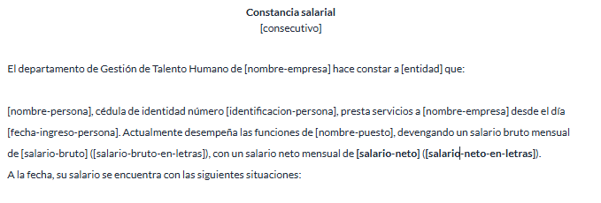 Plantilla de constancia salarial con los comodines salario-neto y salario-neto-en-letras